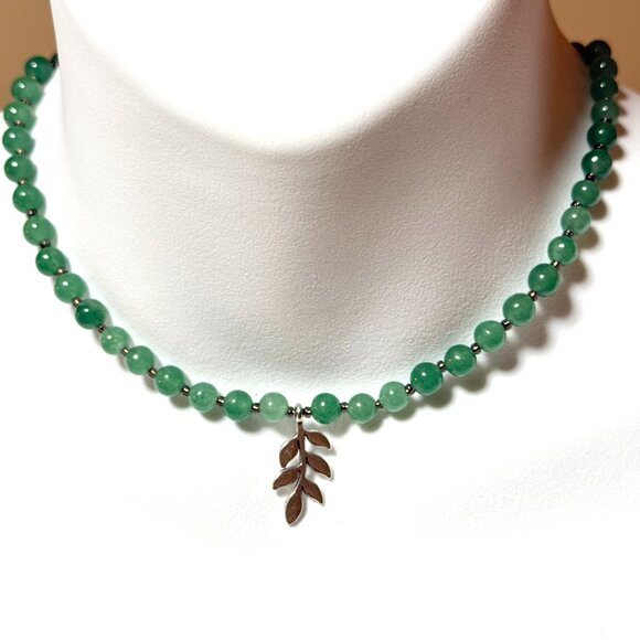 Genuine Gemstone Green Chalcedony Silver Leaf Branch Beaded Short Necklace - Picture 2 of 13